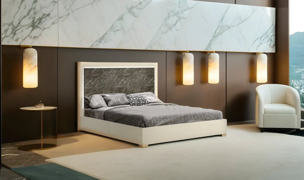 Leahyco Italia Sonia Premium White Rectangular Wooden Bed With LED (Queen / King) - Leahyco