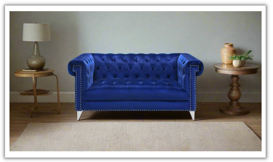 Coaster Furniture Bleker Tufted Velvet Upholstered Tuxedo Arm Loveseat in Blue- Leahyco