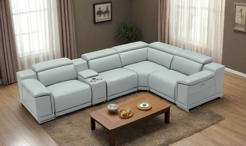 Gio Italia Hartley Power Motion Leather Sectional Sofa in Light Gray- Leahyco