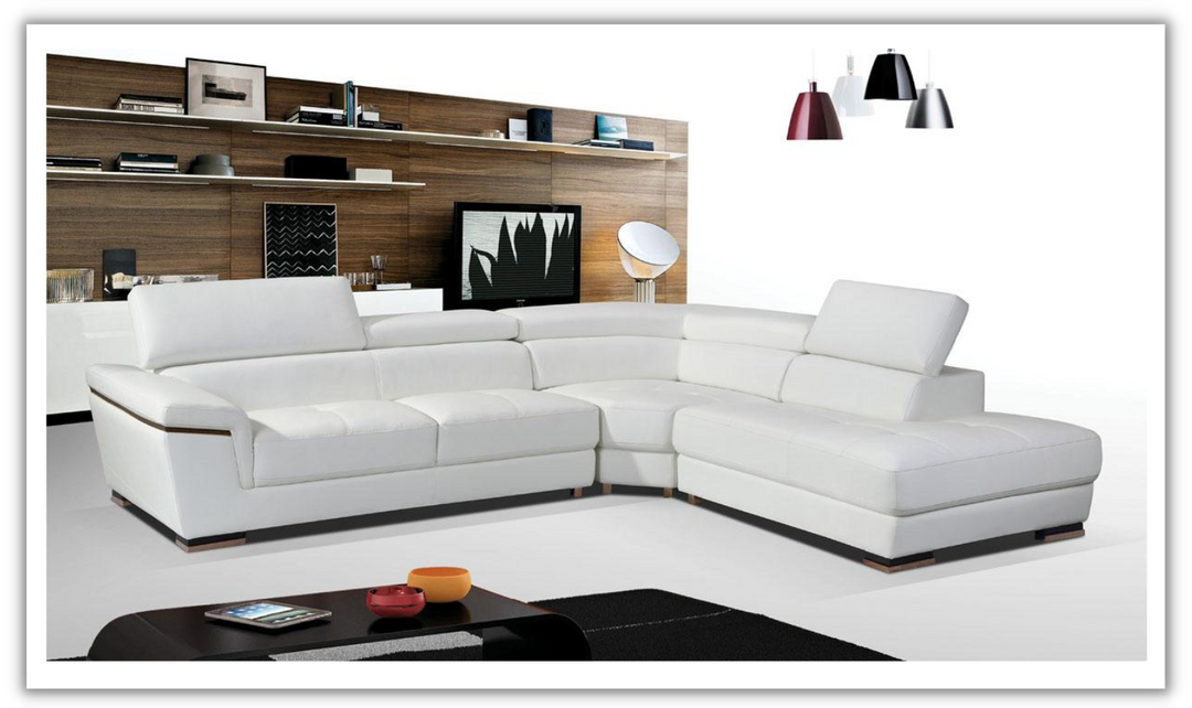 ESF Mendola Leather Sectional Sofa with Adjustable Headrest In White- Leahyco