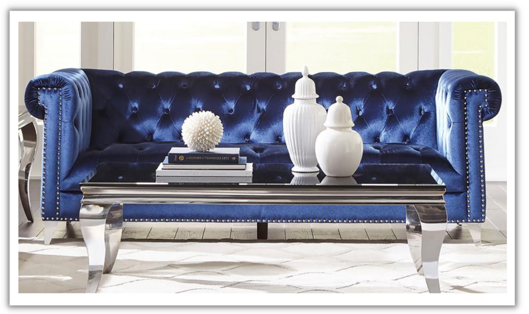 Coaster Bleker 3-Seater Blue Velvet Tufted Tuxedo Arm Sofa
- Leahyco