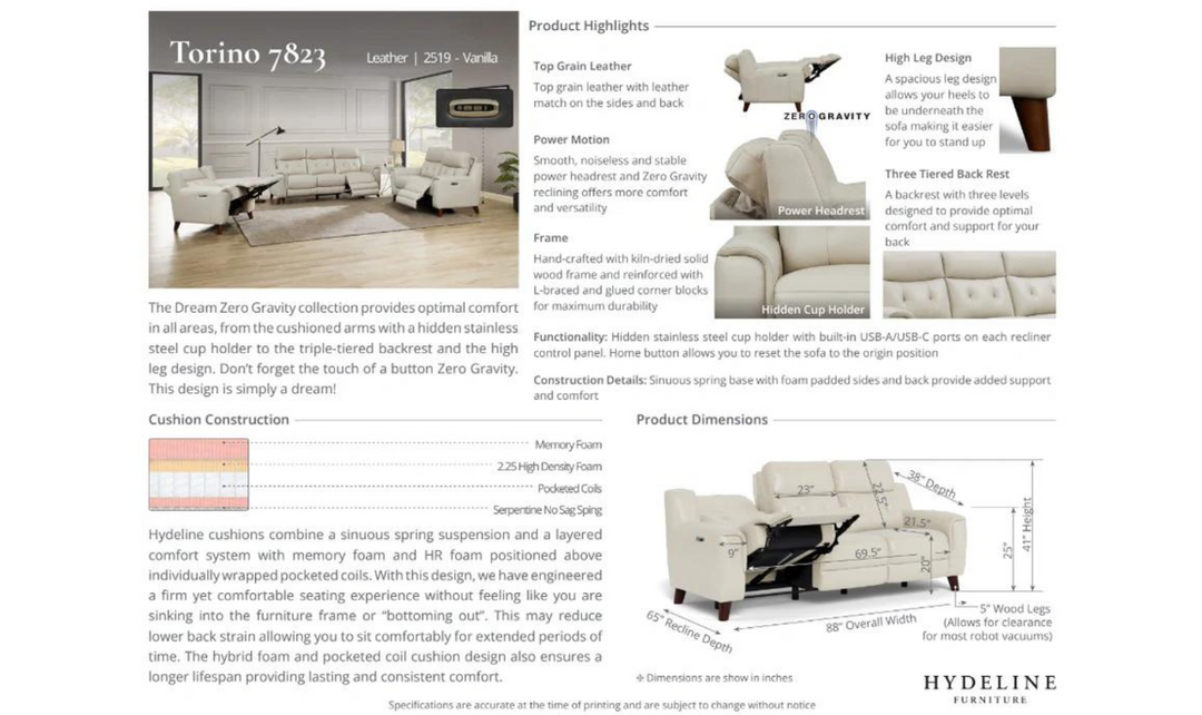 Hydeline Torino 3-Seater Power Headrest Zero Gravity Recliner Sofa