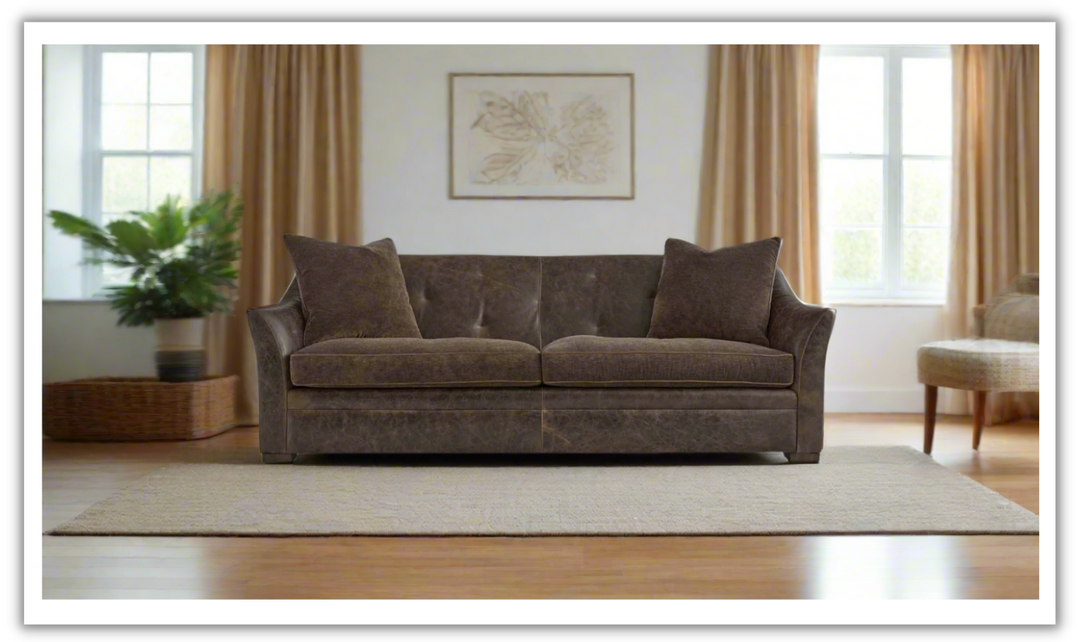 Bernhardt Brixton 2-seater Brown Leather Sofa with Luxe Feather Down Cushion- Leahyco