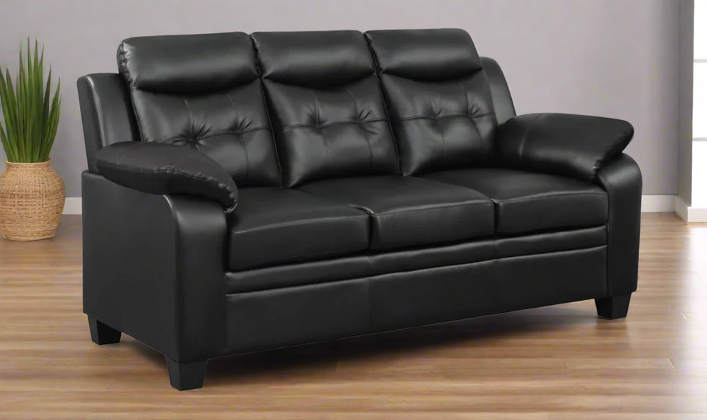 Coaster Finley 3-Seater Tufted Faux Leather Sofa in Black- Leahyco