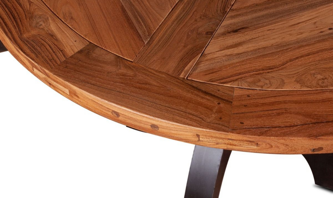 HTD Bowery Brown Adjustable Round Dining Table in Natural Teak-Leahyco