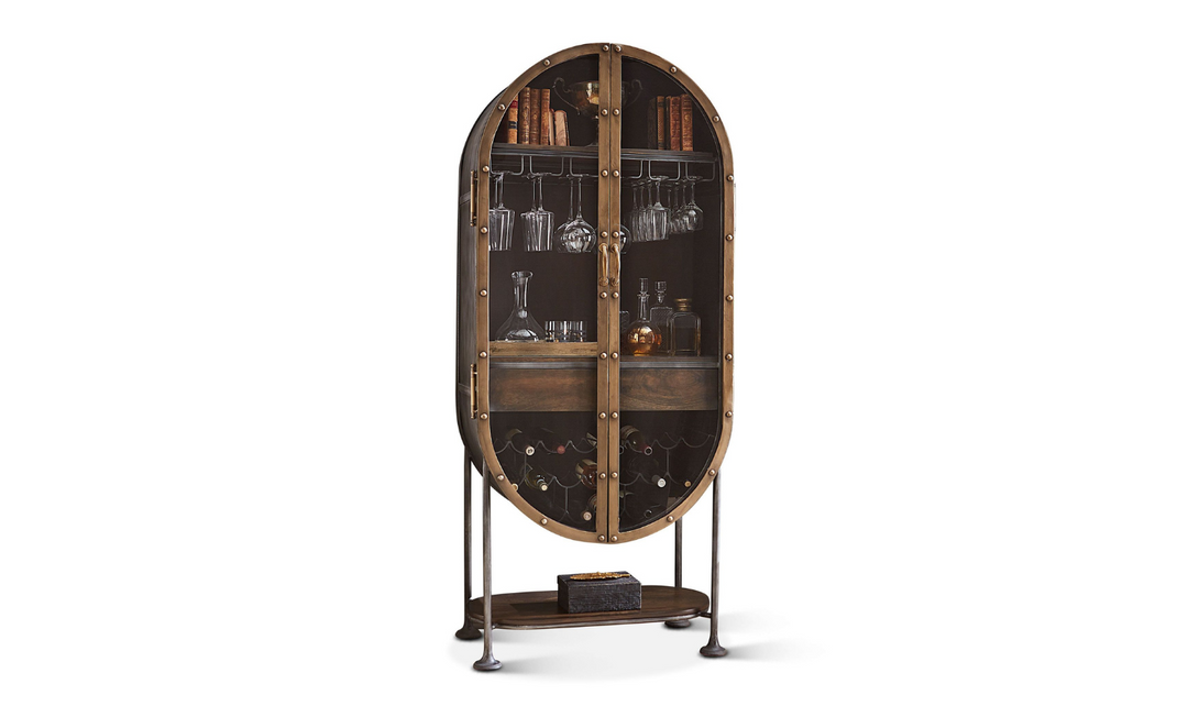 HTD Bowery Oval Iron Bar Cabinet with Glass Doors-Leahyco