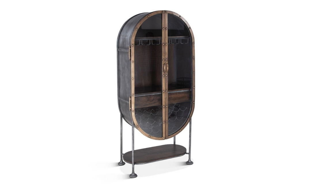 HTD Bowery Oval Iron Bar Cabinet with Glass Doors-Leahyco