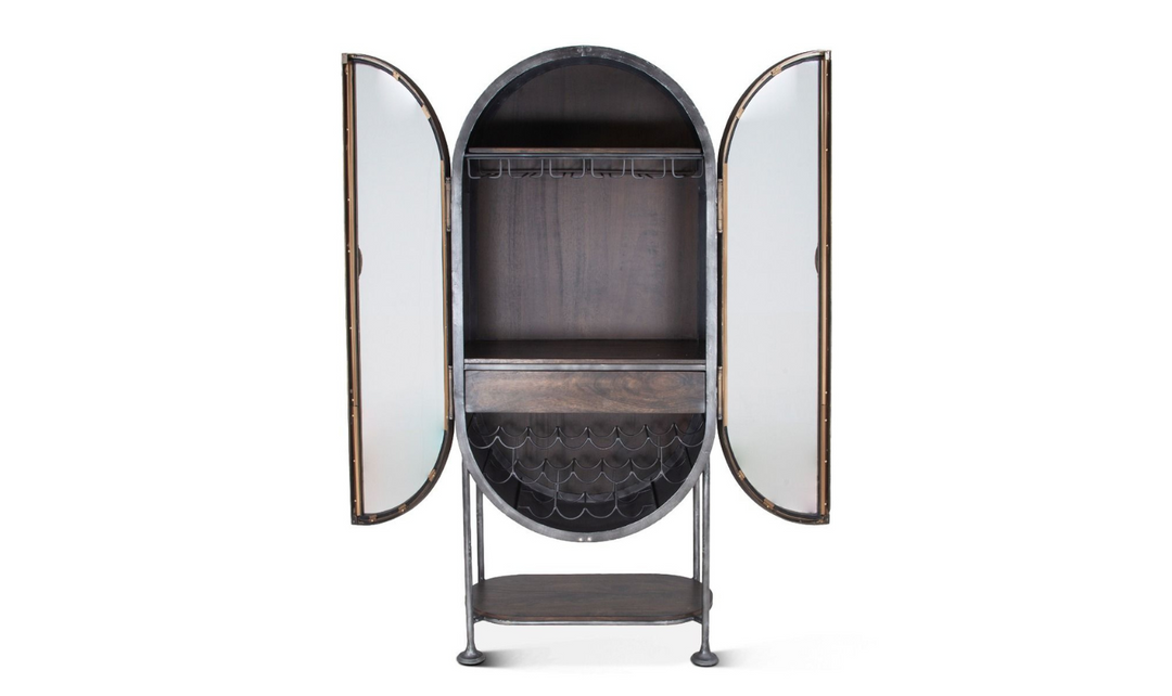 HTD Bowery Oval Iron Bar Cabinet with Glass Doors-Leahyco