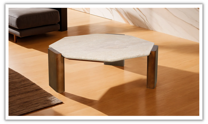 HTD Breton Octagonal Brown Coffee Table with Travertine Top in Walnut-Leahyco