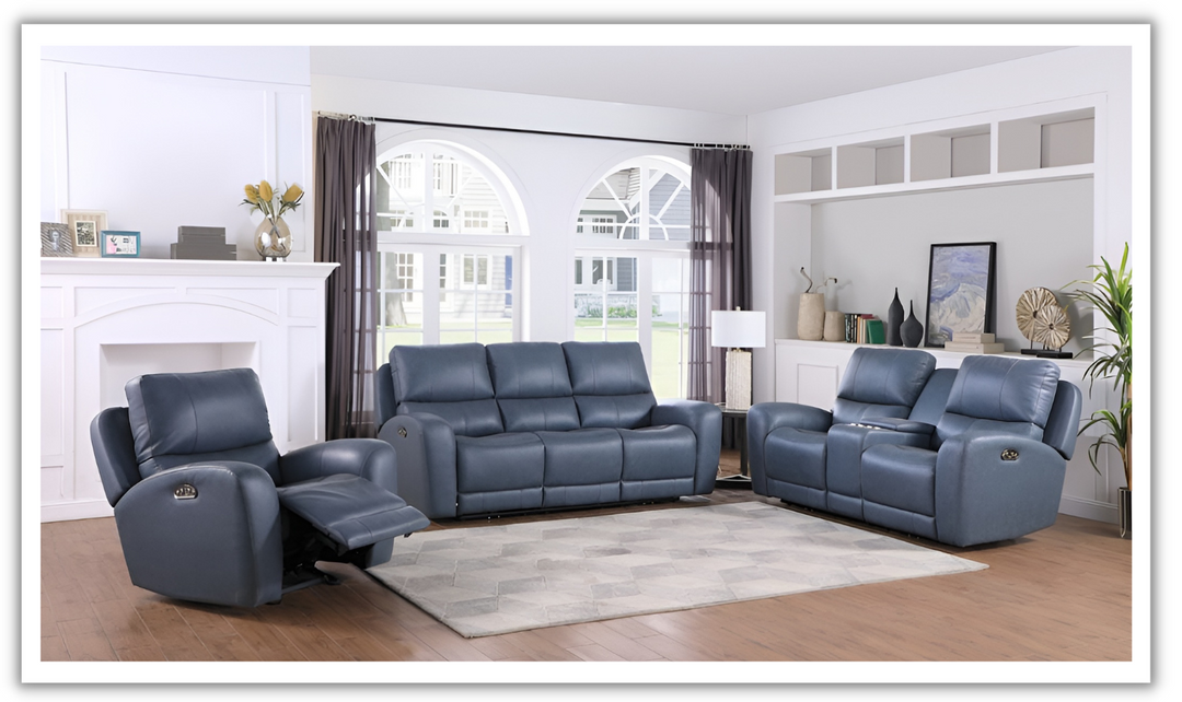 Leather Italia Bel Air Blue Power Leather Living Room Set-Leahyco