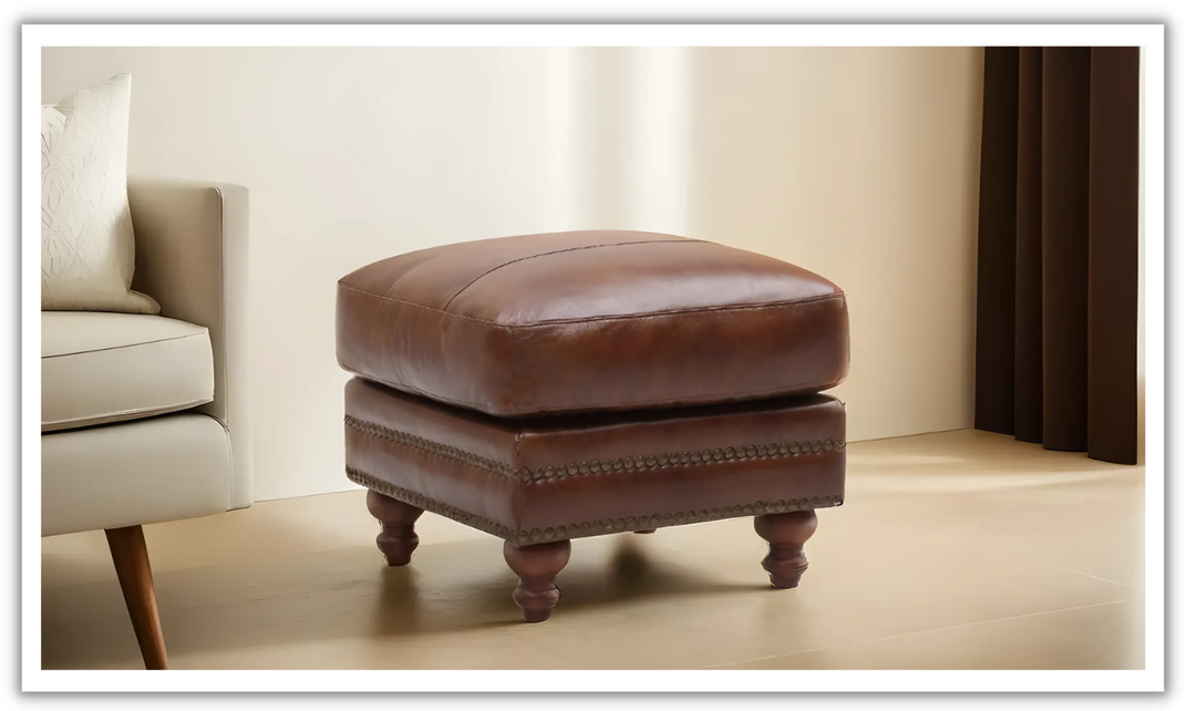 Leather Italia Butler Brown Leather Attached Cushion Ottoman-Leahyco