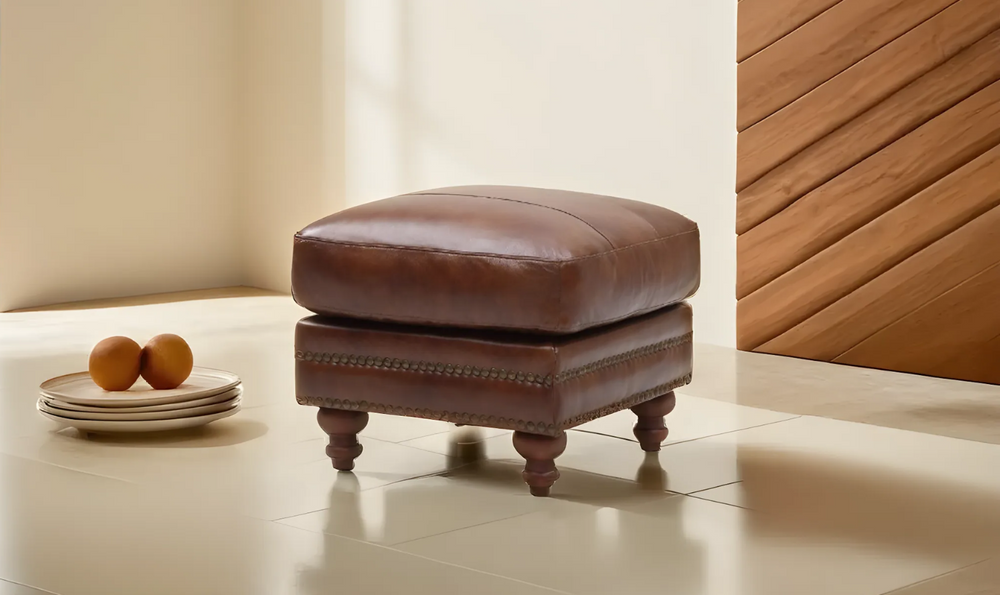 Leather Italia Butler Brown Leather Attached Cushion Ottoman-Leahyco