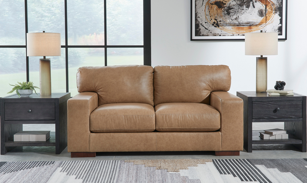 Lombardia Brown Leather Loveseat with Track Arms-Leahyco