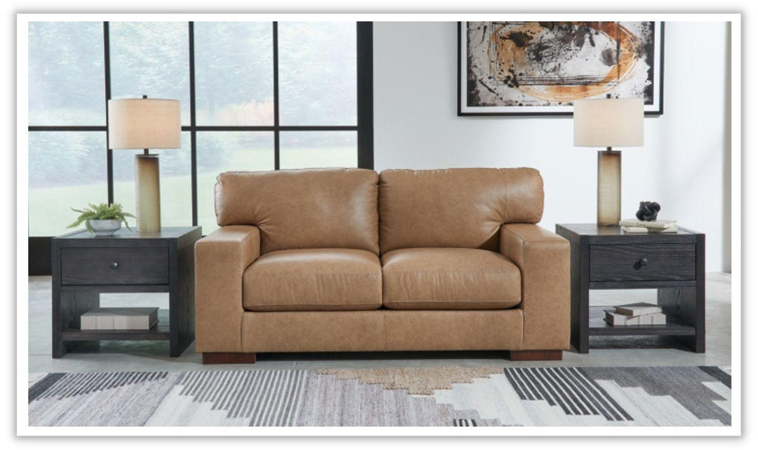 Lombardia Brown Leather Loveseat with Track Arms