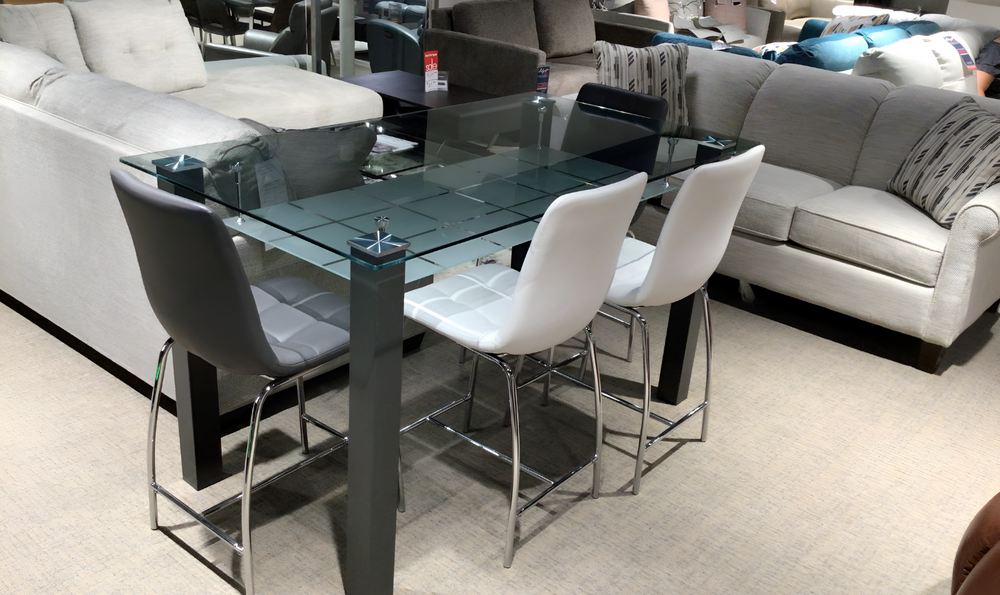 Napa Counter Height Glass Table with 2 white stools and 2 grey stools - Leahyco