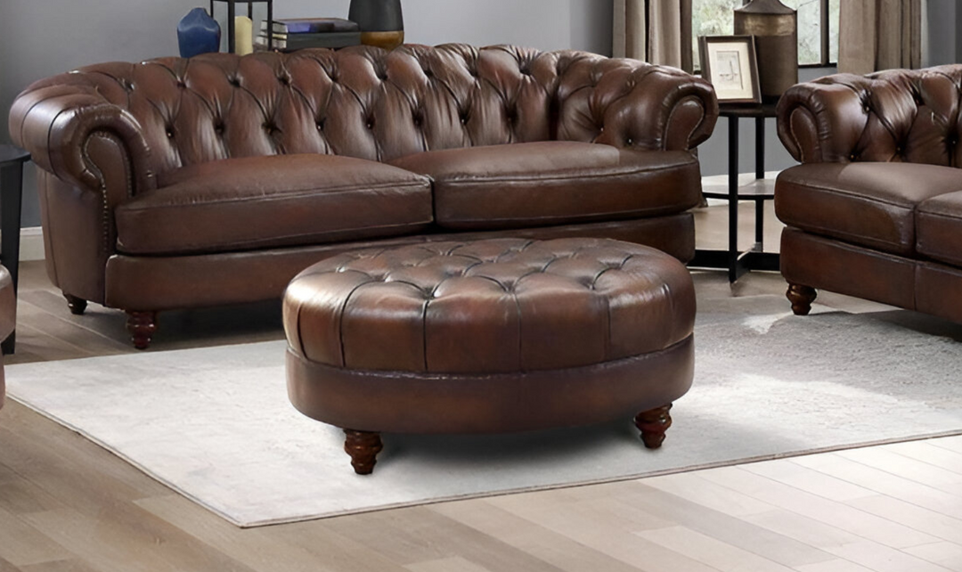 Newport Leather Ottoman With Wooden Legs-Leahyco