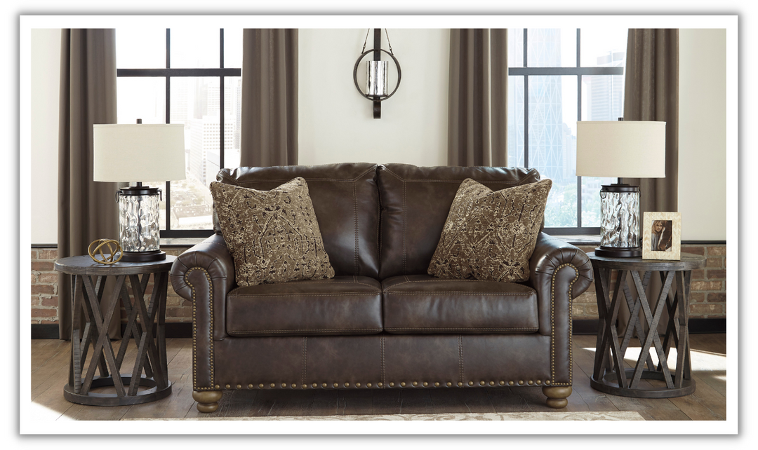 Ashley Nicorvo Leather Loveseat with Rolled Arms in Coffee-Leahyco