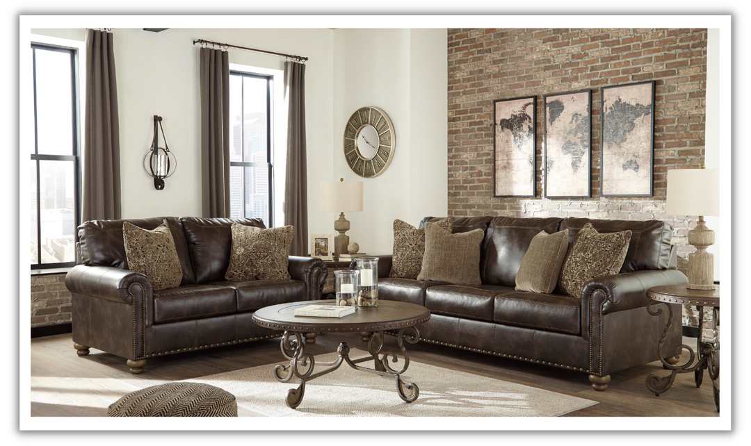 Ashley Nicorvo Rolled Arm Leather Living Room Set in Brown-Leahyco