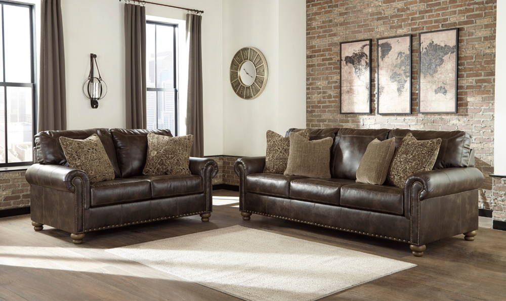 Ashley Nicorvo Rolled Arm Leather Living Room Set in Brown-Leahyco