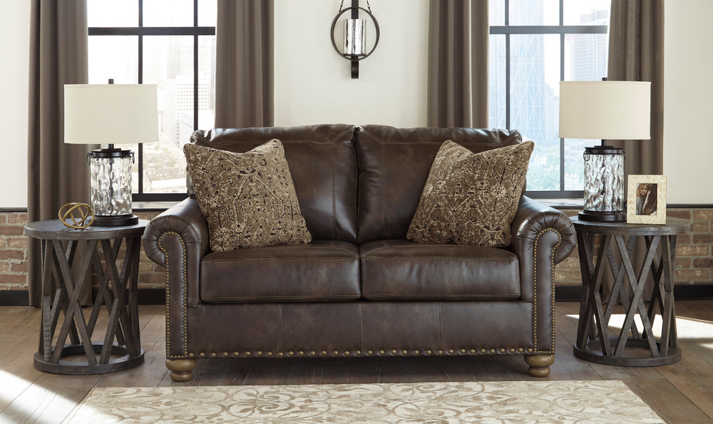 Ashley Nicorvo Leather Loveseat with Rolled Arms in Coffee-Leahyco