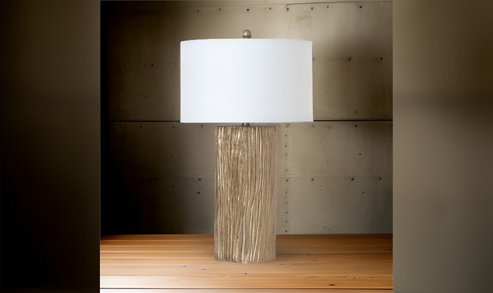 Reclaimed Wood 30" Gold Polyresin Table lamp w/ White Shade. (Set of 2)