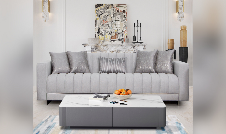 Gio Italia Talento 3-Seater Long Tufted Gray Fabric Sofa with Track Arms