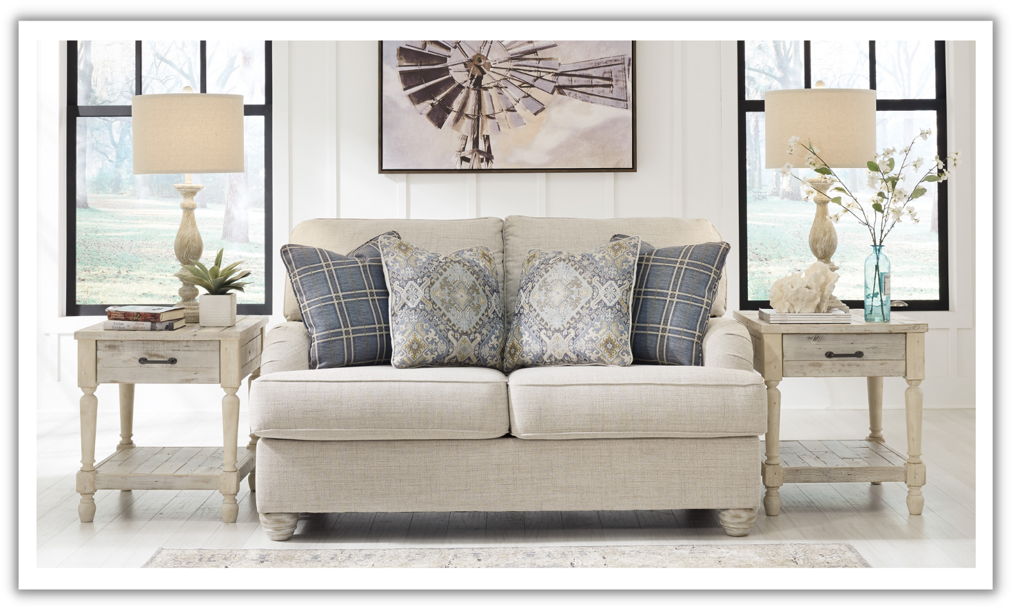 Modern Heritage Traemore Beige Fabric Loveseat with Cushion Arms