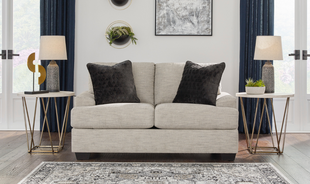 Vayda 2-Seater Pebble Fabric Loveseat With Fur Accent Pillows-Leahyco