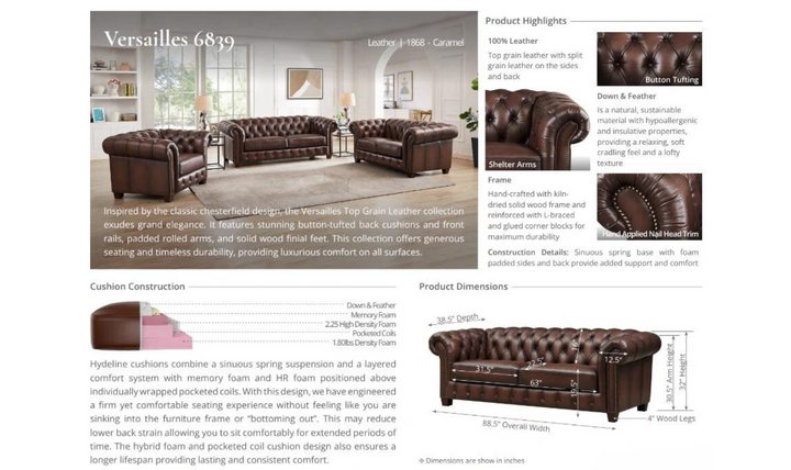 Versailles 2-Seater Leather Sofa With Rolled Arms-Leahyco