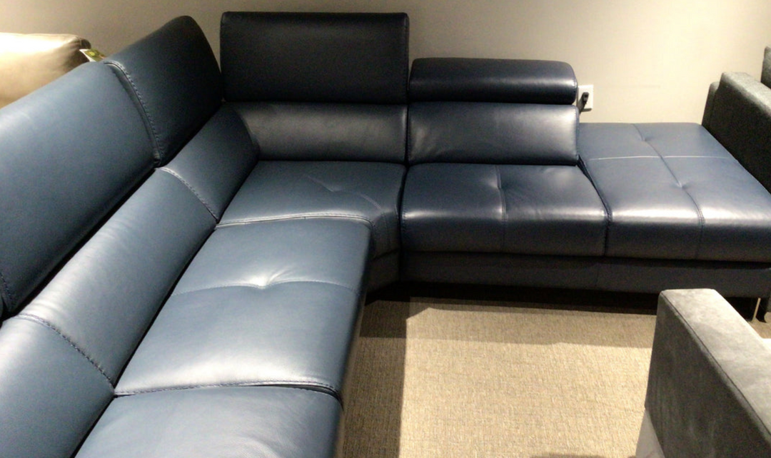 Verso Blue leather 5 seat reclining sectional - Leahyco