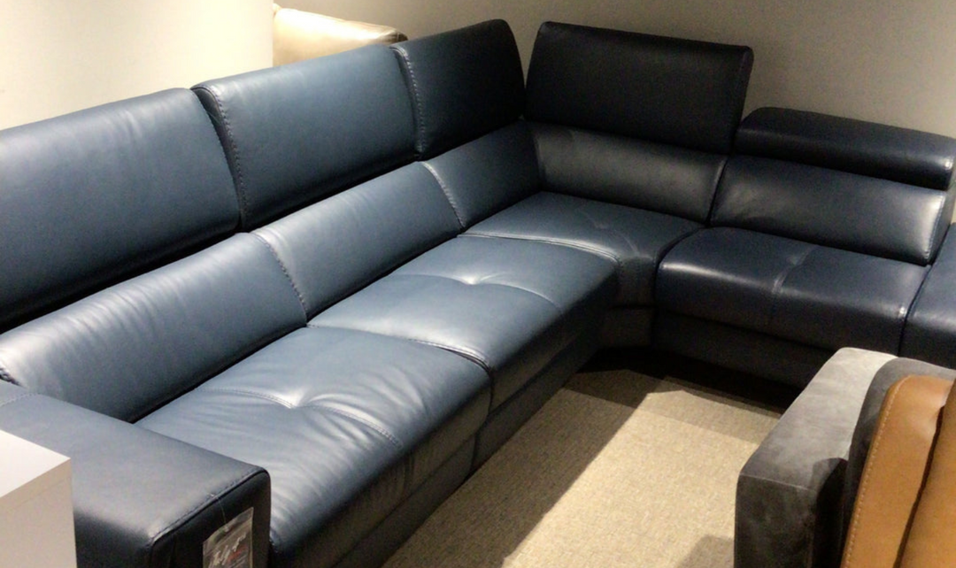 Verso Blue leather 5 seat reclining sectional - Leahyco