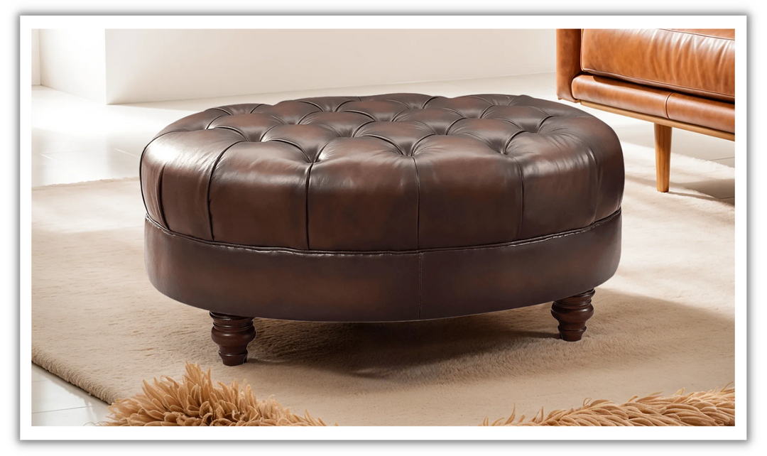 Newport Leather Ottoman With Wooden Legs-Leahyco