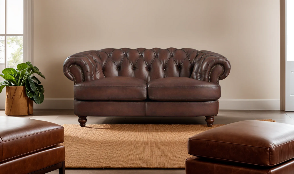 Newport Leather 2-Seater Loveseat With Wooden Legs-Leahyco