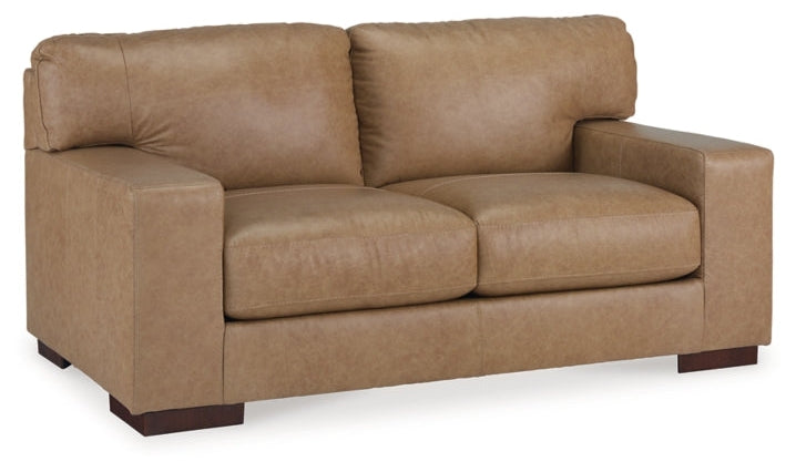 Lombardia Brown Leather Loveseat with Track Arms