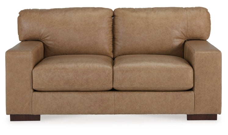 Lombardia Brown Leather Loveseat with Track Arms