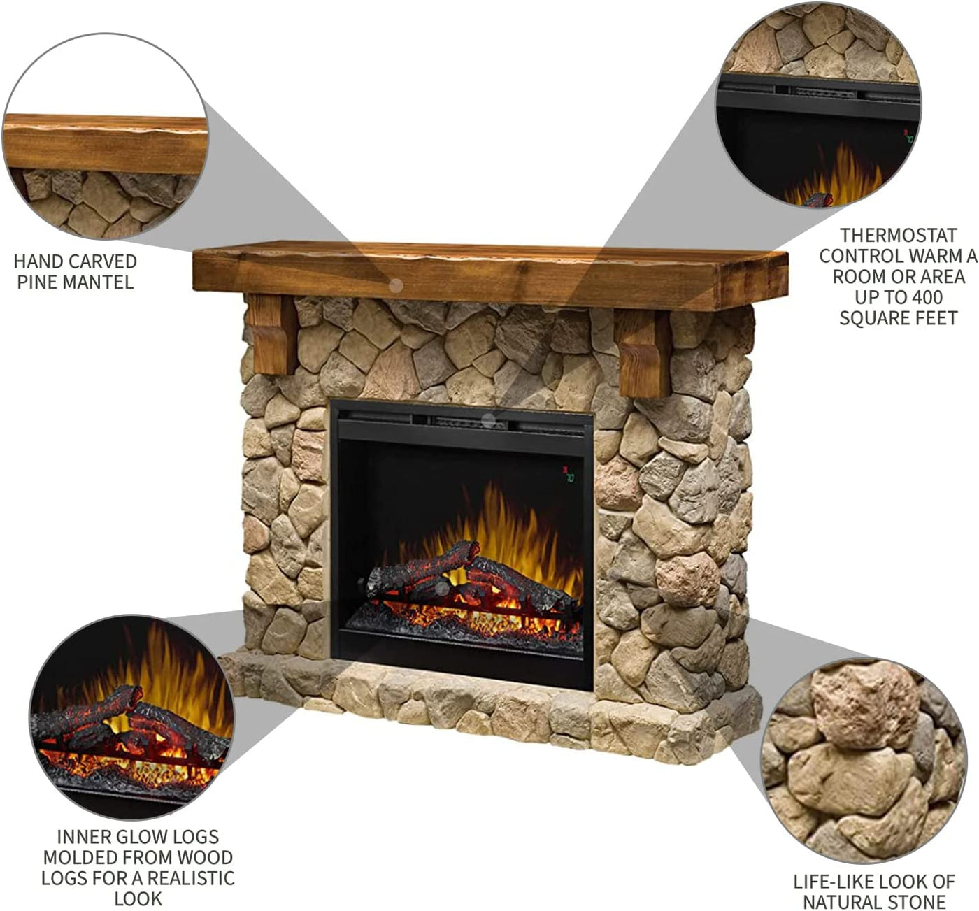 Fieldstone Natural Man-made Stone Mantel Fireplace with Log-Fireplaces-Leahyco