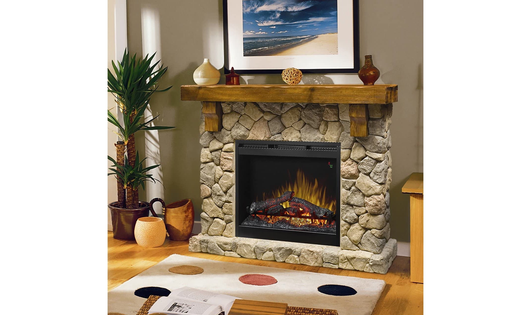 Fieldstone Natural Man-made Stone Mantel Fireplace with Log-Fireplaces-Leahyco