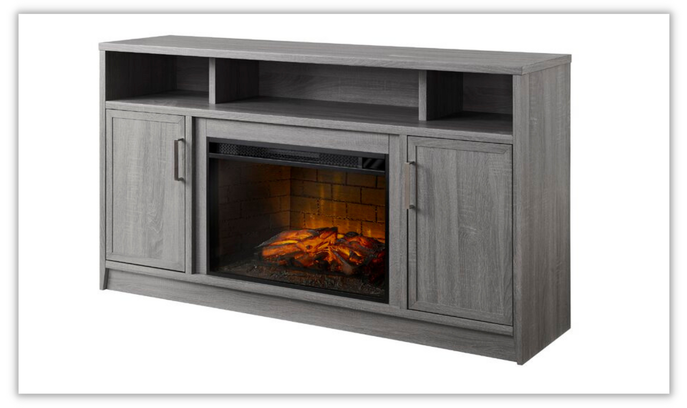 Grace 60" TV Stand with Infrared Linear Fireplace in Rustic Gray Oak Finish-Tv Stands-Leahyco