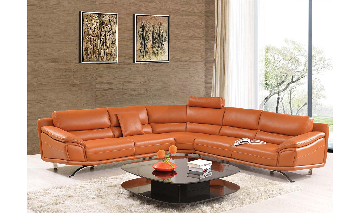 Arrow Modern L-shaped Leather Sectional in Orange