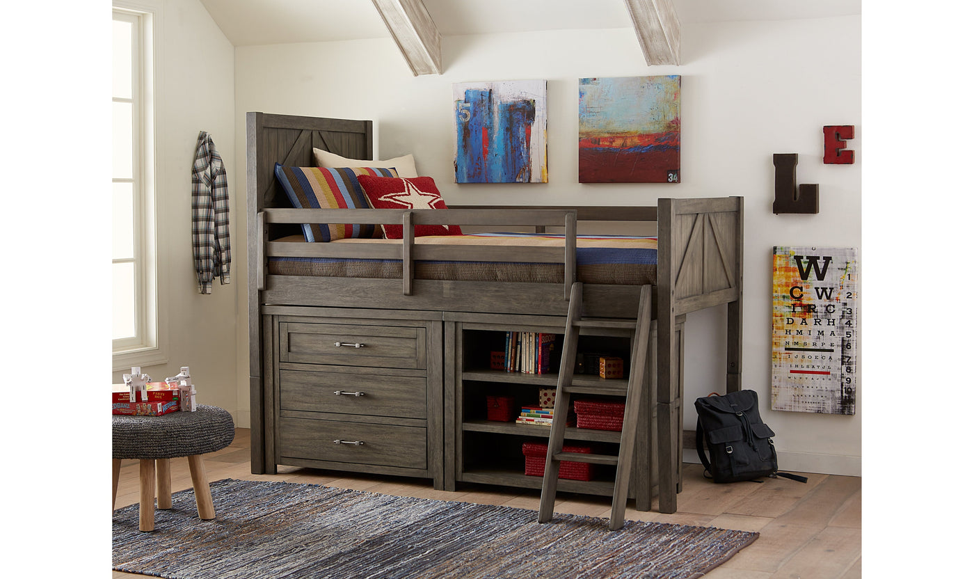 Bunkhouse Complete Mid Loft Bed with Single Dresser and Bookcase, Twin-Beds-Leahyco