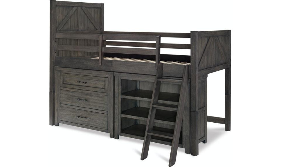 Bunkhouse Mid Loft Bed with Single Dresser and Bookcase, Twin-Beds-Leahyco